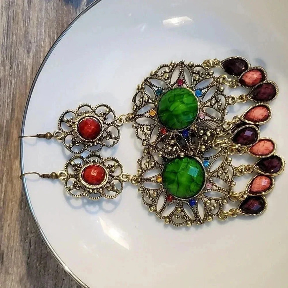 Vintage Neo Victorian Glam Long Faux Stone Dangle Earrings - Picture 4 of 9